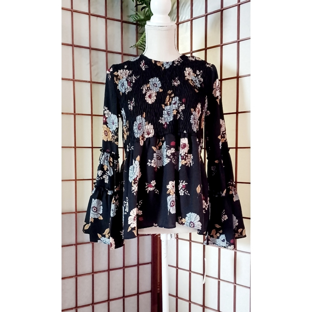 MmMmMm Smocked Ruffle Bell-Sleeve Floral-Print Top - Black/Blue/Blush-Multi